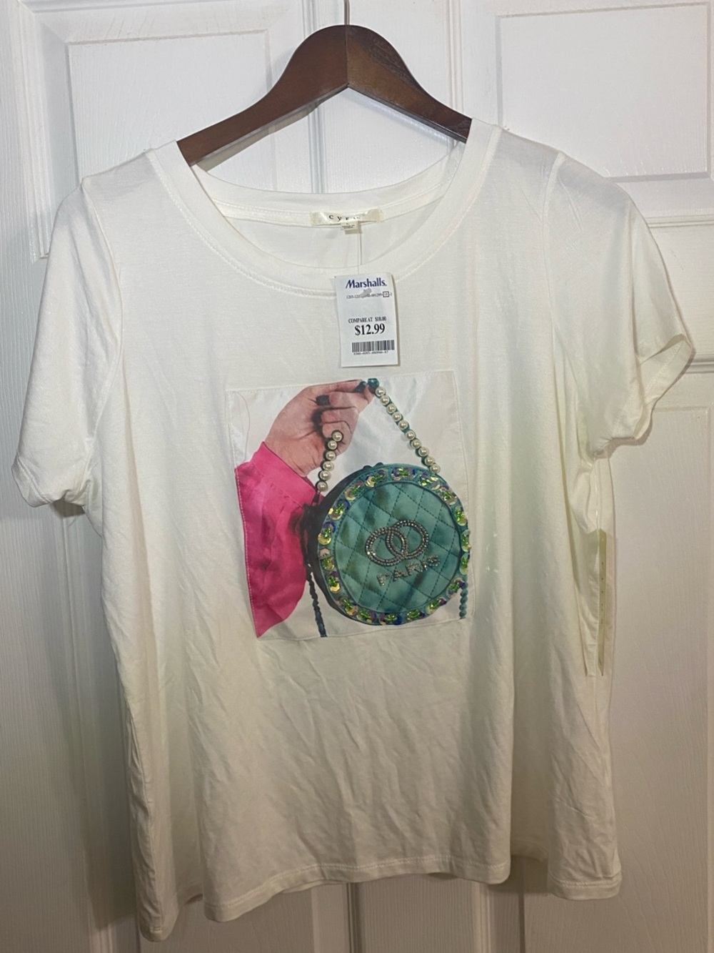 Cyrus White Short Sleeve Tee with Pink and Teal Graphic